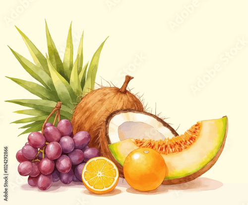 Tropical Fruit Still Life: Grapes, Orange, Coconut, Melon, and Leaves