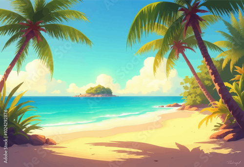 Tropical Paradise: Palm Trees by Beach with Turquoise Sea