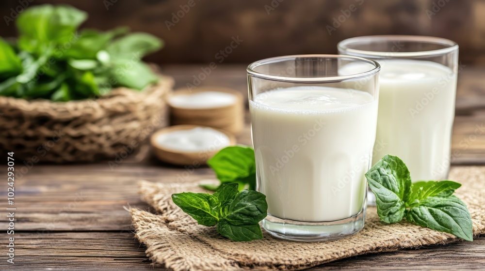 Fresh organic milk in clear glasses with green mint leaves Fresh organic milk in clear glasses with green mint leaves