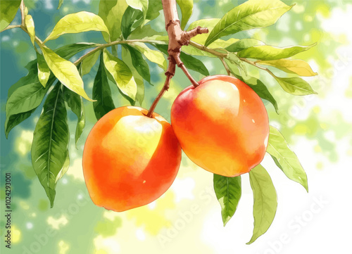 Two Ripe Peaches on Branch with Green Leaves