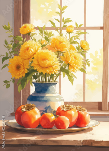 Vibrant Bouquet and Fresh Persimmons on Windowsill