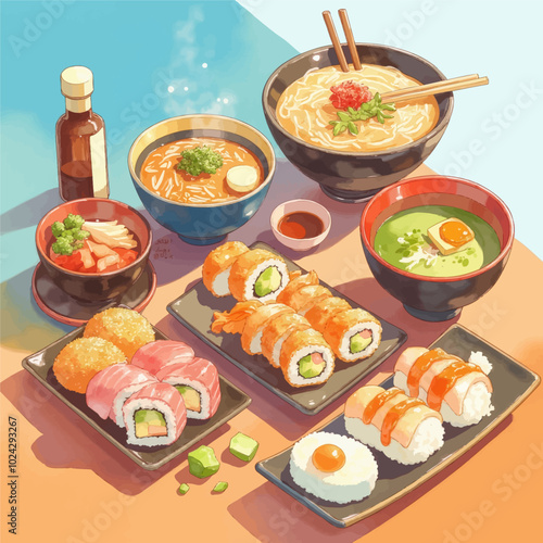 Vibrant Japanese Cuisine: Sushi Rolls, Ramen, and Miso Soup
