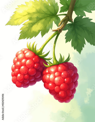 Vibrant Raspberry Berries on Leafy Branch