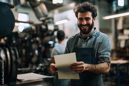 Smiling factory worker holding a blank card in a busy industrial workshop with coworkers and machinery in the background