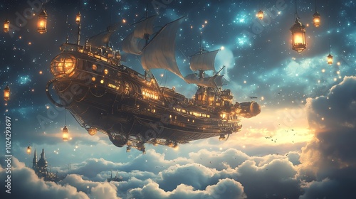 A steampunk airship with lanterns sails through a magical sky filled with stars and clouds.