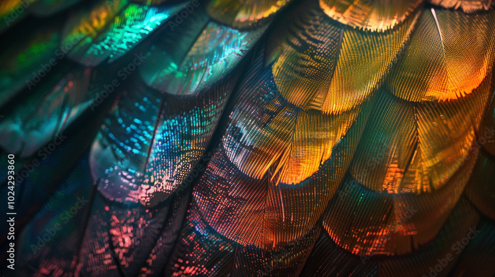 Fototapeta premium A detailed close-up image showcasing vibrant bird feathers with a mix of red, blue, and purple hues, highlighting intricate textures. 