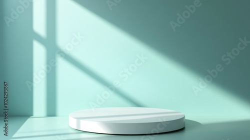 Blank white podium on a pastel blue green background with reflections and shadows in a 3D rendering