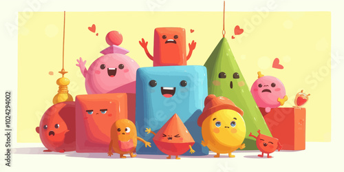 Whimsical Shapes Celebration: Happy Group of Colored Geometric Figures