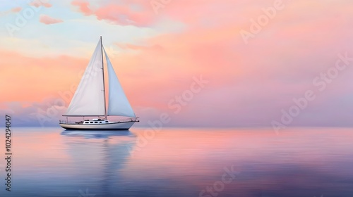 A sailboat drifting peacefully on a calm serene ocean as the sky erupts in a stunning pink and purple sunset The reflection of the vibrant sky dances on the water s surface