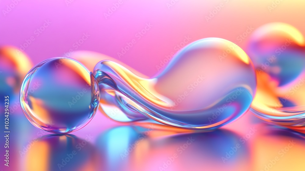 Abstract 3D rendering of iridescent spheres and fluid shapes. Abstract 3D rendering of iridescent spheres and fluid shapes.