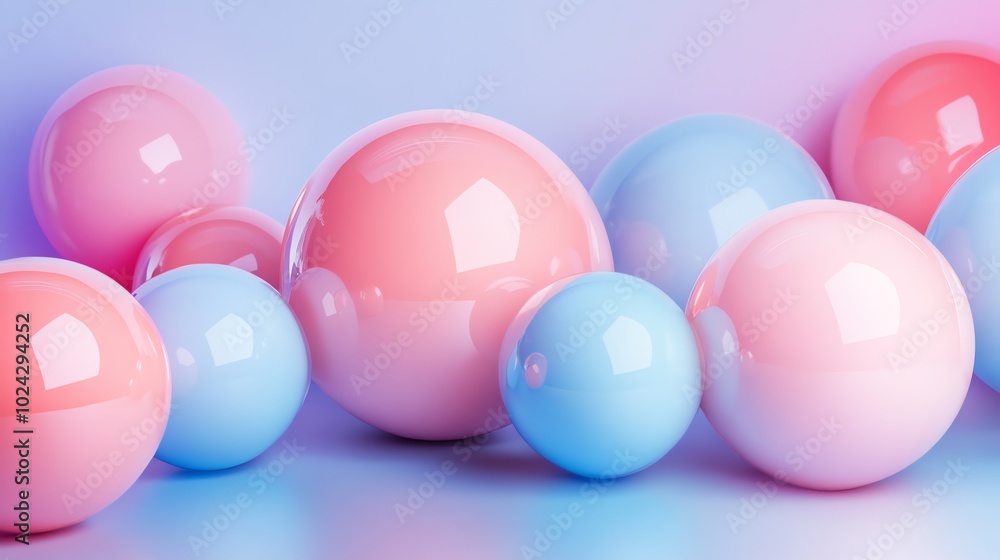 Glossy pink and blue spheres scattered on a pastel background. Glossy pink and blue spheres scattered on a pastel background.