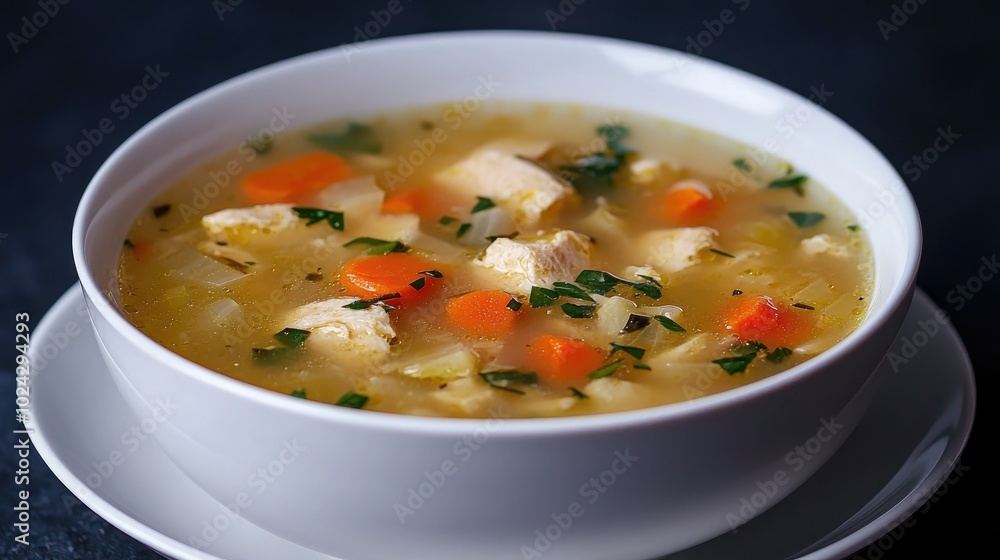 Chicken soup served on a white plate against a black backdrop Chicken soup served on a white plate against a black backdrop
