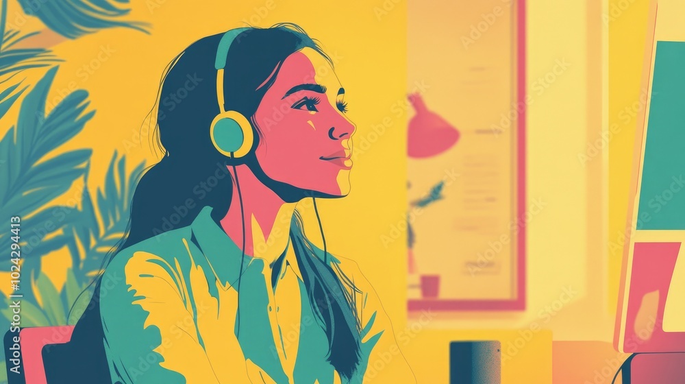 Close Up Of Smiling Woman With Earphones Working In An Office Or Home Setting Communicating With Customer Or Colleague Support Service Concept Close Up Of Smiling Woman With Earphones Working In An Office Or Home Setting Communicating With Customer Or Colleague Support Service Concept