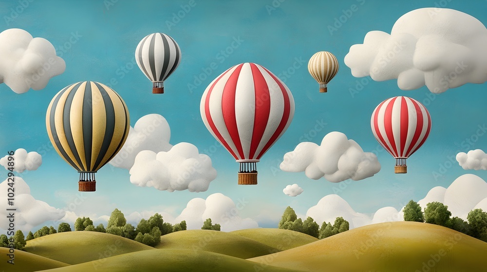 Obraz premium Whimsical hot air balloons drifting peacefully over a serene picturesque countryside landscape creating a sense of wonder and tranquility