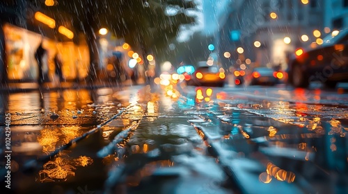 Rainy evening scene in a bustling city with reflections of skyscrapers and city lights shimmering on the wet pavement An atmospheric urban landscape with a sense of motion and energy