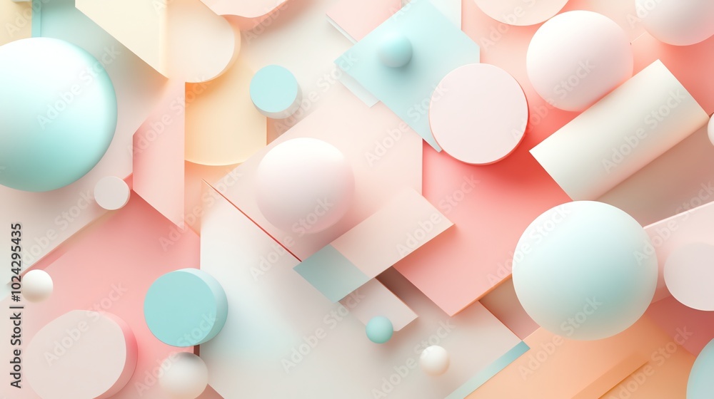 Pastel colors and a chaotic arrangement of spheres and geometric shapes. Pastel colors and a chaotic arrangement of spheres and geometric shapes.