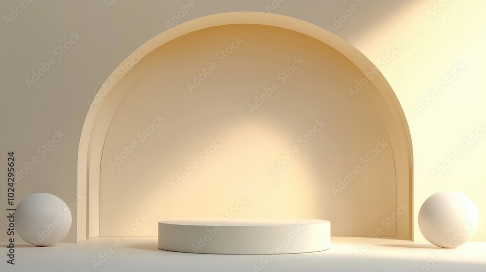 3D rendering of an abstract cosmetic background featuring a minimal podium for product display An empty scene with spherical lighting and a pastel cream wall creates a fashion showcase atmosphere 3D rendering of an abstract cosmetic background featuring a minimal podium for product display An empty scene with spherical lighting and a pastel cream wall creates a fashion showcase atmosphere