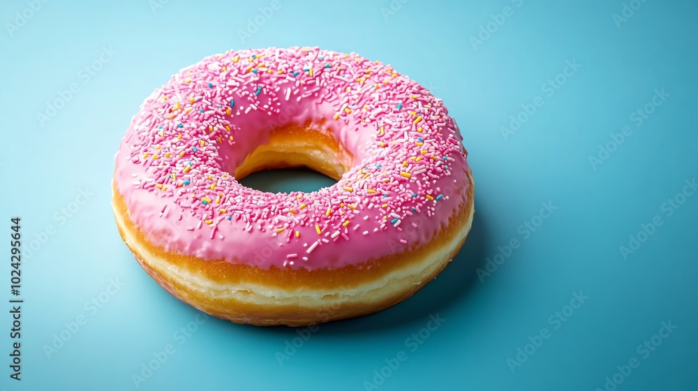 A pink glazed donut with colorful sprinkles on a blue background. A pink glazed donut with colorful sprinkles on a blue background.