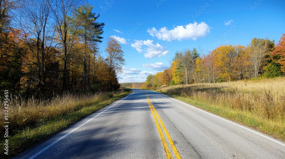 Fototapeta premium Winding Road Surrounded by Tall Trees in Autumn