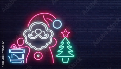 neon chirsmas santa claus, christmas tree and christmas gift symbols on brick wall photo