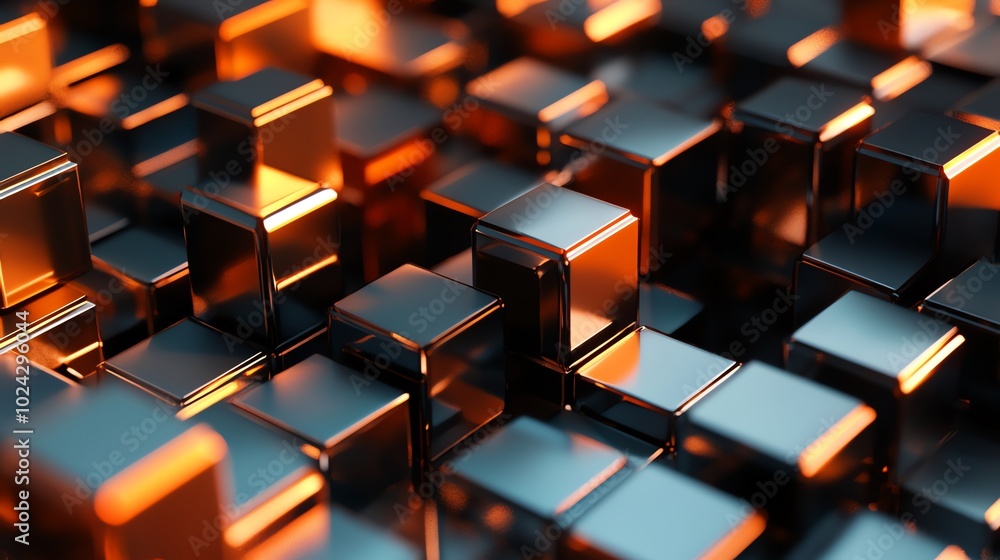 Abstract background with a close-up view of many metal cubes illuminated by warm orange light. Abstract background with a close-up view of many metal cubes illuminated by warm orange light.