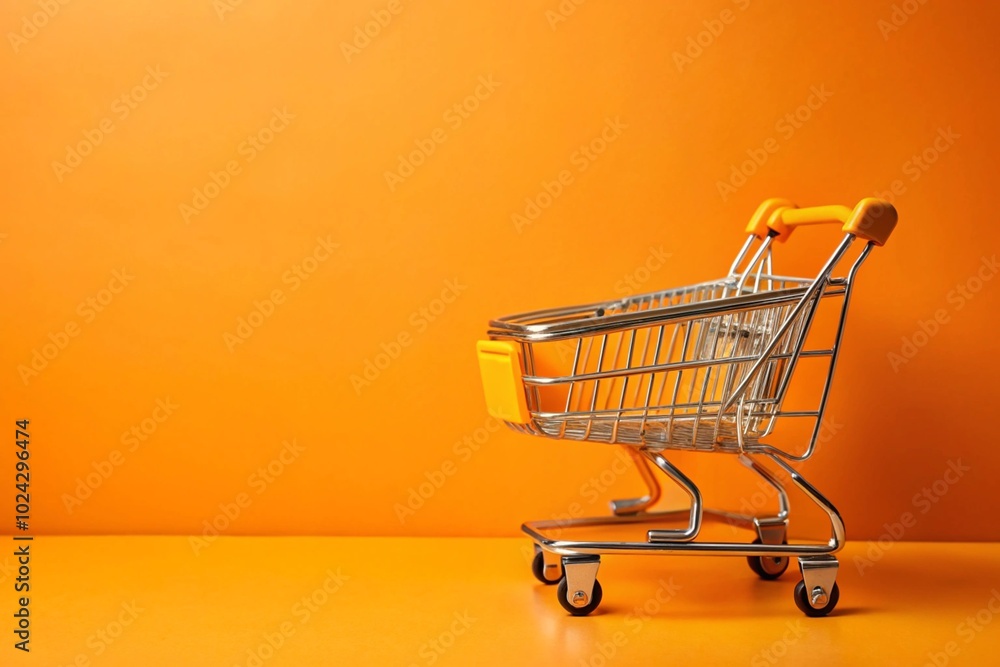 A silver cart on orange background for your shop, purchase or sales design A silver cart on orange background for your shop, purchase or sales design