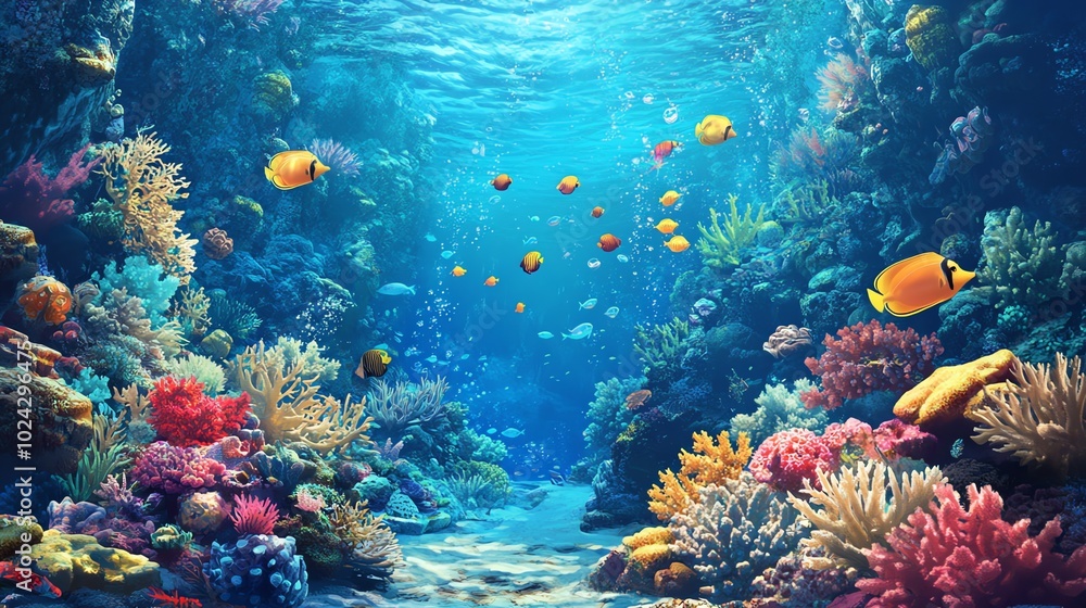 Naklejka premium A vibrant underwater scene with colorful coral reefs and tropical fish swimming.