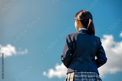 Rear View of Schoolgirl Against Blue Sky.