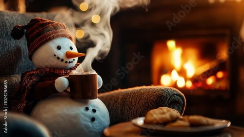 Cozy winter christmas scene concept: Snowman relaxing by the fireplace with a steaming mug of hot chocolate and plate of cookies, enjoying holiday warmth. Video made using Generative AI