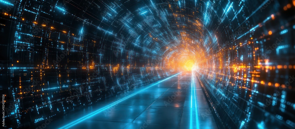 Abstract futuristic tunnel with glowing blue lines and orange light at the end. Abstract futuristic tunnel with glowing blue lines and orange light at the end.