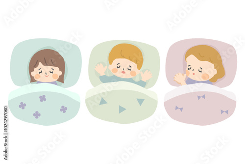 布団で眠る三人の子供たち