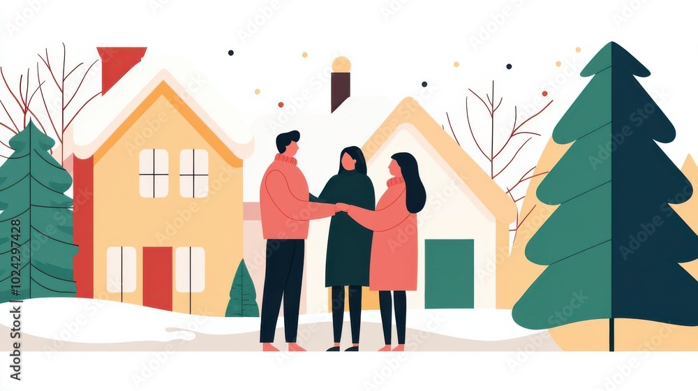 Happy New Year 2025, neighbors exchanging season s greetings and wishes, community spirit, flat design illustration Happy New Year 2025, neighbors exchanging season s greetings and wishes, community spirit, flat design illustration