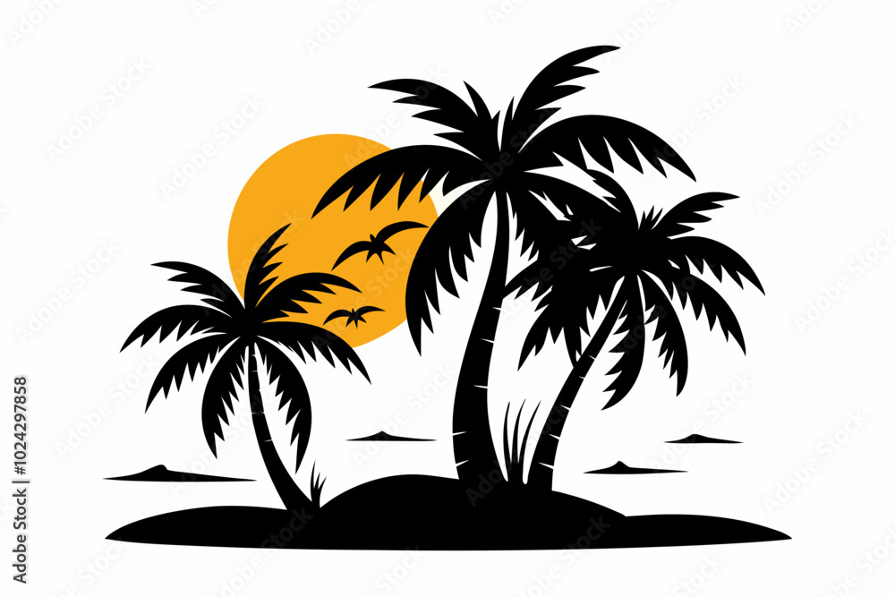 Beach Palm and sun black silhouette vector illustration Beach Palm and sun black silhouette vector illustration