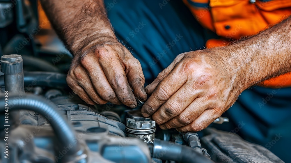Obraz premium Close up view of a skilled mechanic s hands meticulously working on repairing and maintaining the intricate components of an automotive engine in a workshop setting