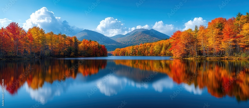 Fototapeta premium Vibrant autumn foliage reflects in a still lake surrounded by mountains.