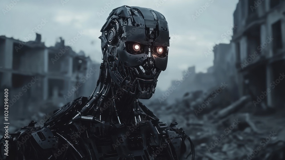 A humanoid robot stands in a desolate, post-apocalyptic landscape. A humanoid robot stands in a desolate, post-apocalyptic landscape.