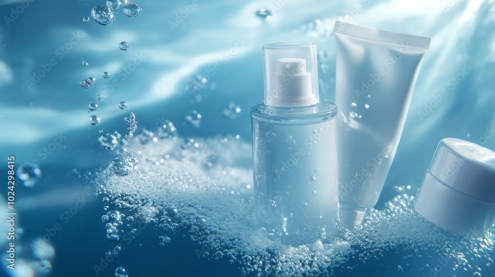 Beauty treatment products like moisturizer and face cream floating on a blue underwater background. Beauty treatment products like moisturizer and face cream floating on a blue underwater background.