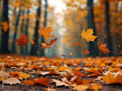  A serene forest scene with vibrant autumn leaves cascading down, blanketing the ground in warm seasonal colors.