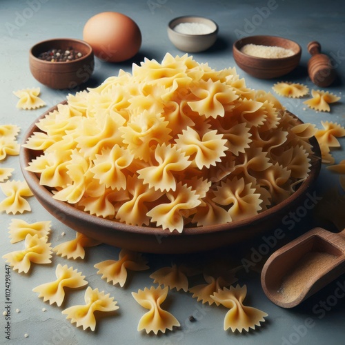 Pile of raw farfalle pasta food.  photo