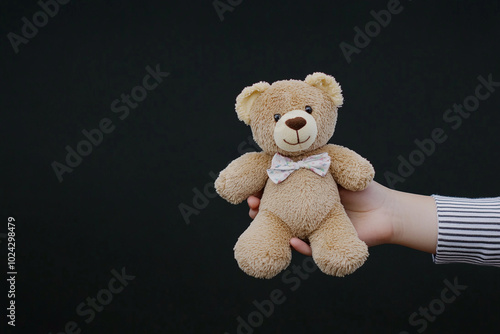 Person holding small beige teddy bear in hand