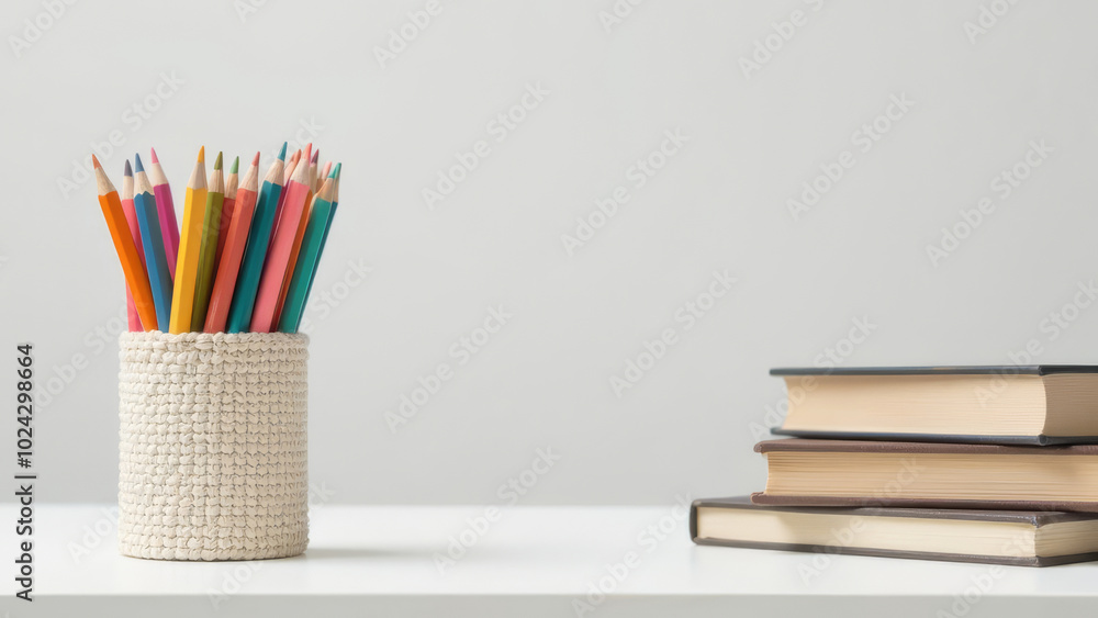 Obraz premium On a white table there is a stand with colored pencils and books.