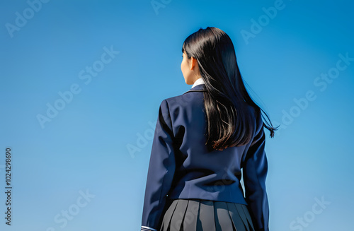 Rear View of Schoolgirl Against Blue Sky.