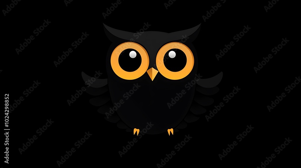 Owl silhouette filled with a single solid color, rounded wings and large circular eyes, set against a solid black background. High contrast, no textures, clean and sharp lines, flat colors, Owl silhouette filled with a single solid color, rounded wings and large circular eyes, set against a solid black background. High contrast, no textures, clean and sharp lines, flat colors,