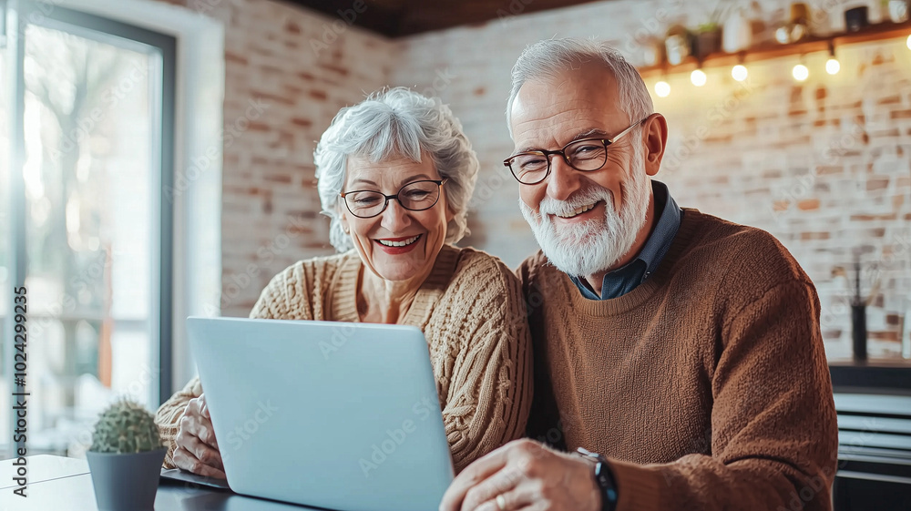 Joyful European Seniors Working on Their Home Budget with a Laptop at a Stylish Table. Joyful European Seniors Working on Their Home Budget with a Laptop at a Stylish Table.