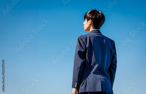 Rear View of Schoolboy Against Blue Sky.