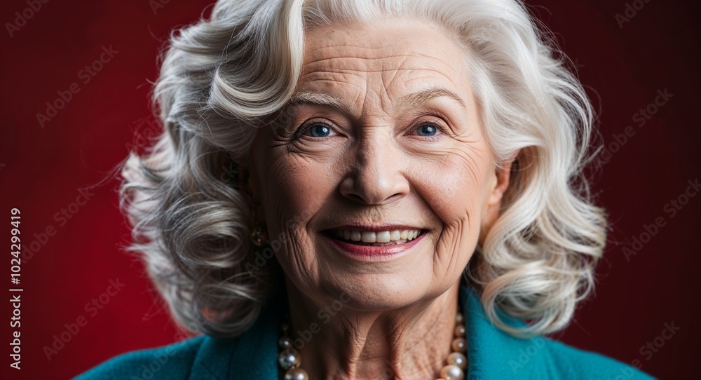 Elderly white woman with kind smile and wavy blonde hair focused dark red background Elderly white woman with kind smile and wavy blonde hair focused dark red background