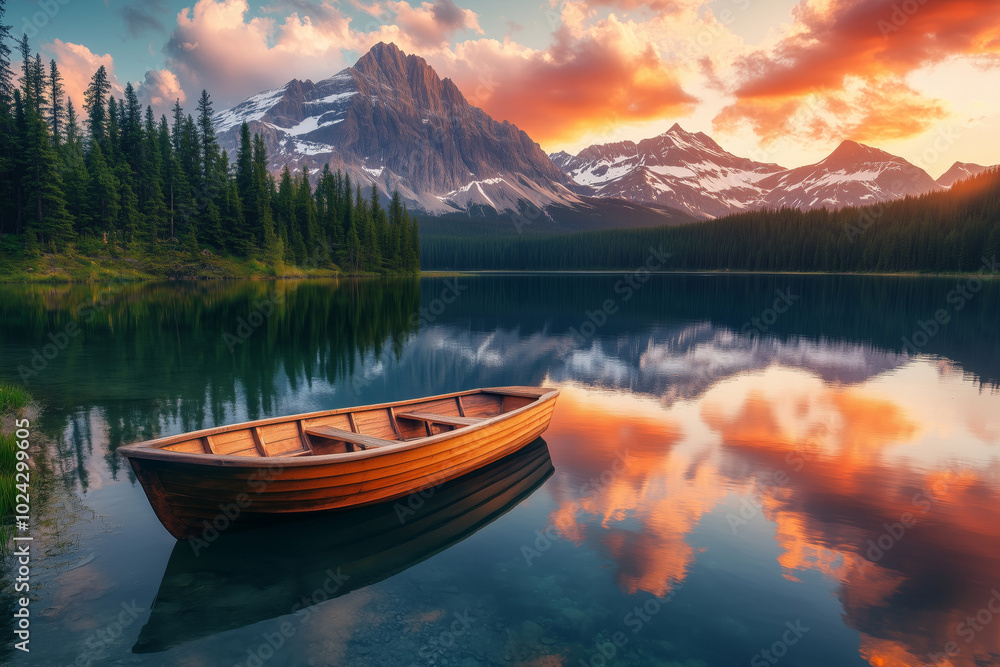 Mountain landscape at sunset with snow capped mountains and crystal clear lake surrounded by evergreen trees. Mountain landscape at sunset with snow capped mountains and crystal clear lake surrounded by evergreen trees.