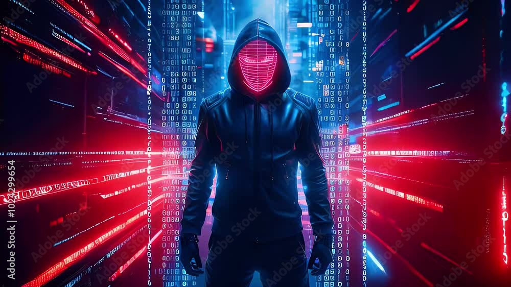 A hooded figure stands in a digital world, surrounded by neon lights and binary code. A hooded figure stands in a digital world, surrounded by neon lights and binary code.