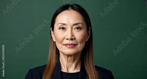 Middle aged Asian woman with defined cheekbones and long black hair serious teal background