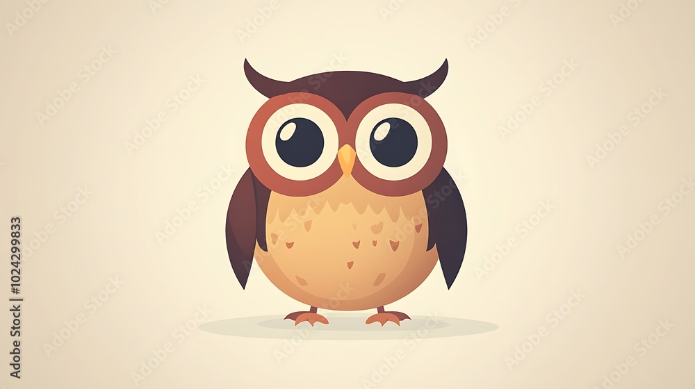 Simple owl design with a round head and body, lines for wings, and circles for eyes, set against a neutral tone background. Clean composition, focus on simplicity and form, flat colors, no shading, Simple owl design with a round head and body, lines for wings, and circles for eyes, set against a neutral tone background. Clean composition, focus on simplicity and form, flat colors, no shading,